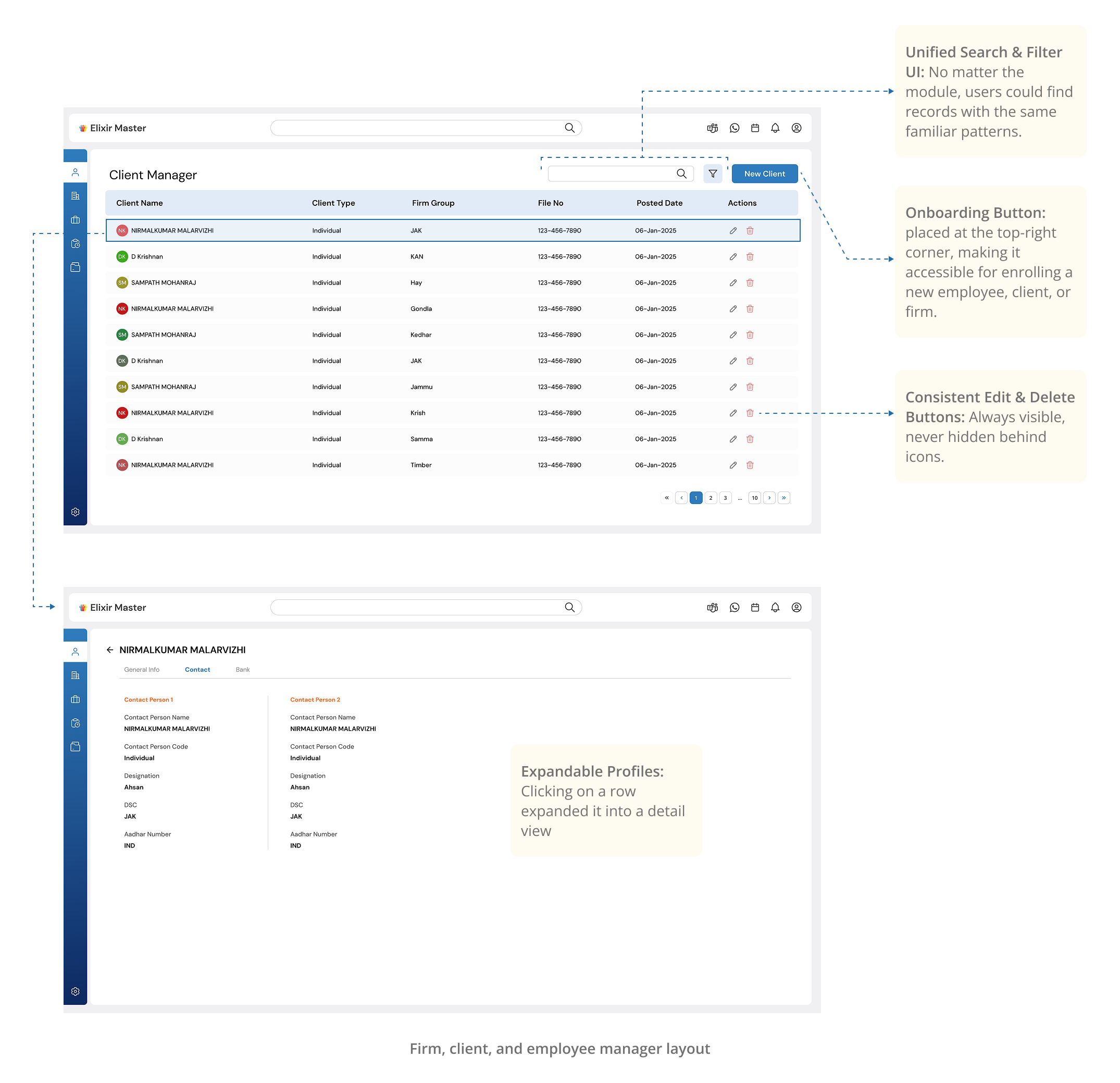Connected management workflows across clients, employees and firm modules