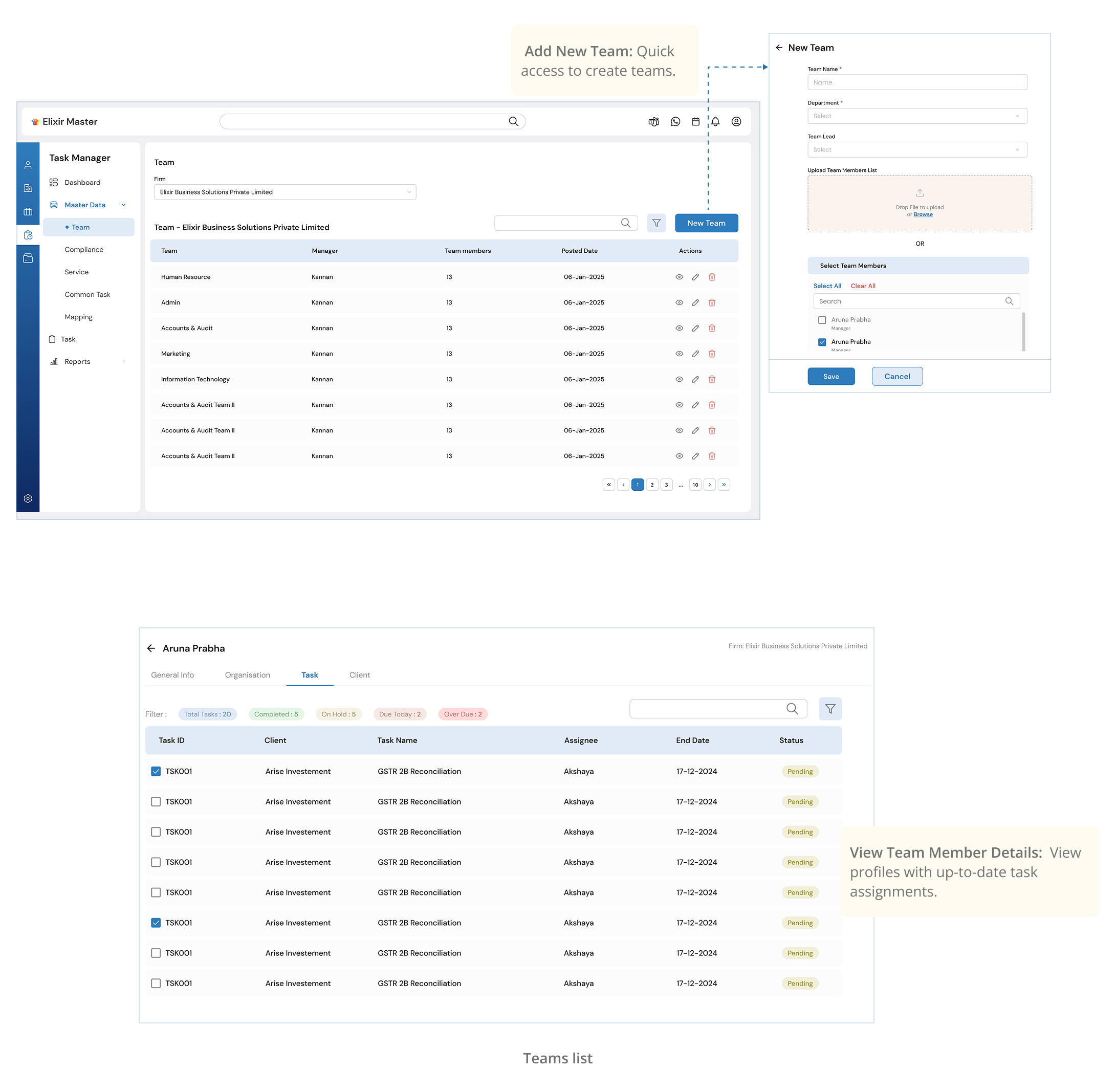 Task management interface showing task lists, templates and approval flows