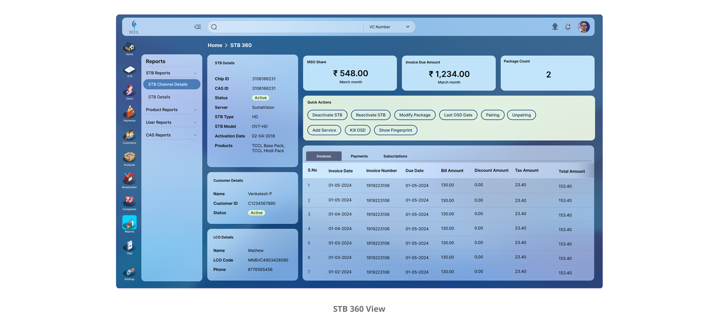 STB 360 view showing subscriber details in a clear hierarchy